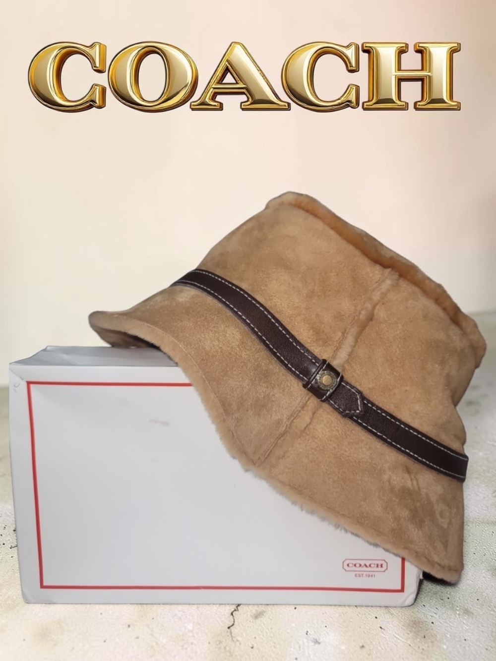COACH Suede and Lamb Shearling Bucket Hat EUC And Box